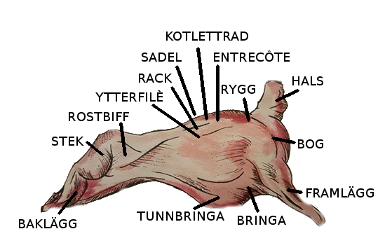 Slaktkropp av lamm med viktiga styckdetaljer markerade.